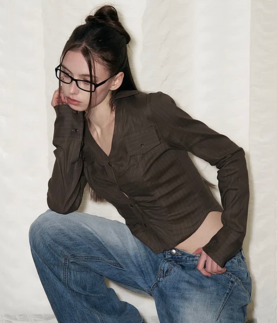 플리즈노팔로우 카일라 셔링 셔츠 탑 카키 새상품 상품이미지1