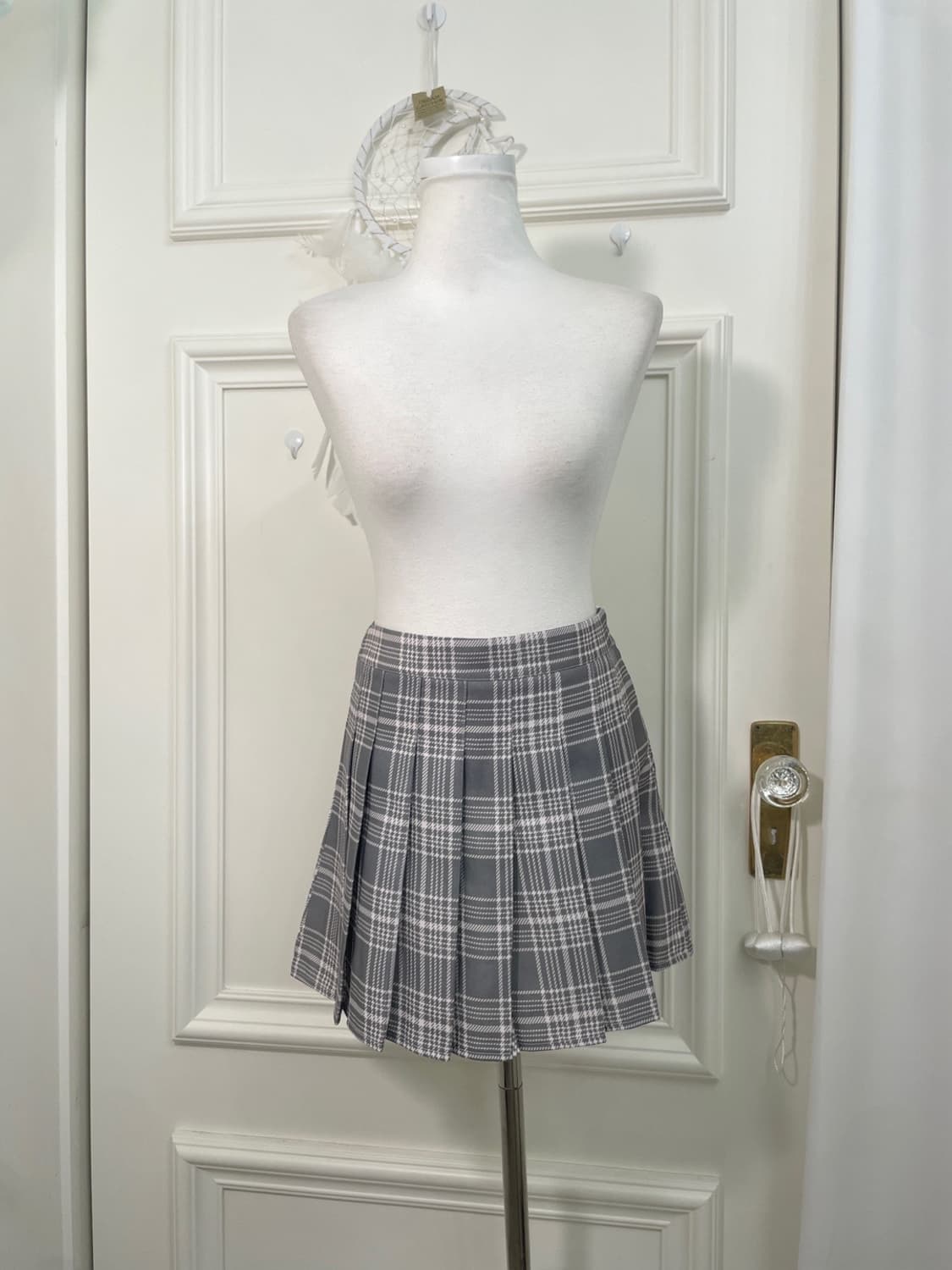 gray pink check pleats mini skirt 상품이미지1