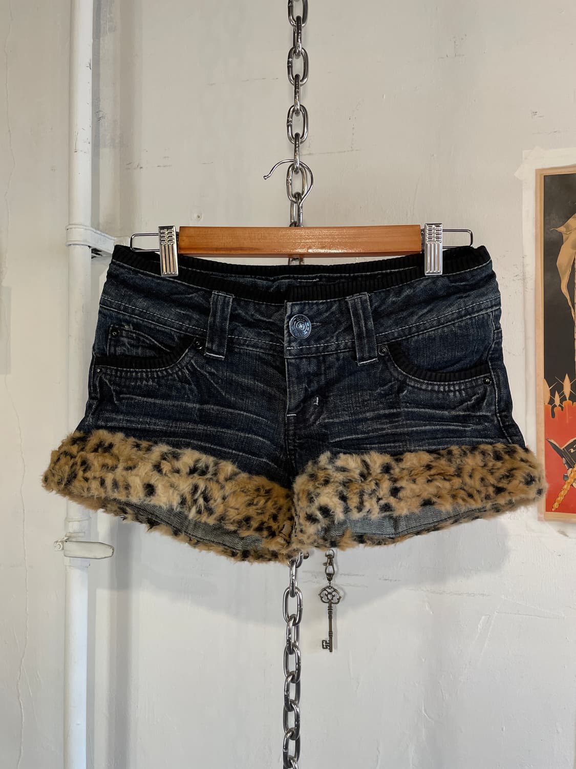 레오파드 퍼 데님 숏팬츠 갸루 상품이미지1