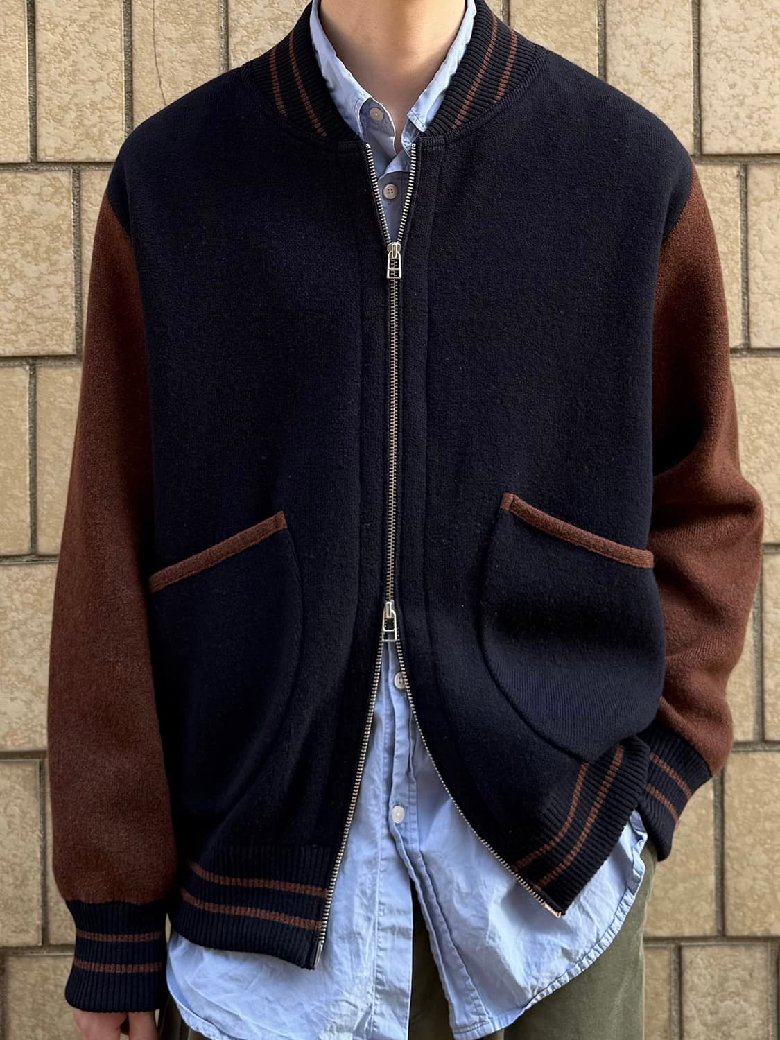 이얼즈어고 메리노 울 니트 바시티 자켓 네이비 M 사이즈 상품이미지2