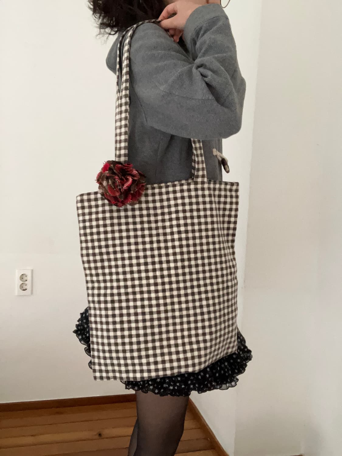 브라운 체크 에코백 상품이미지5