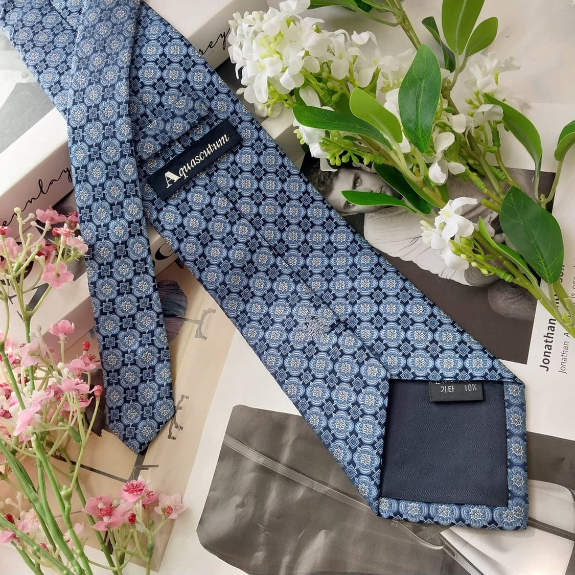 아쿠아스큐텀 실크 블루 패턴 넥타이 9.4cm A+등급 K2210 상품이미지5