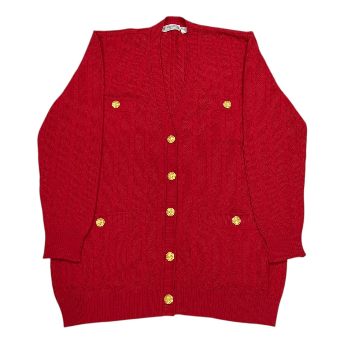 셀린느 빈티지 금장 버튼 케이블 니트 가디건 레드 L 상품이미지1