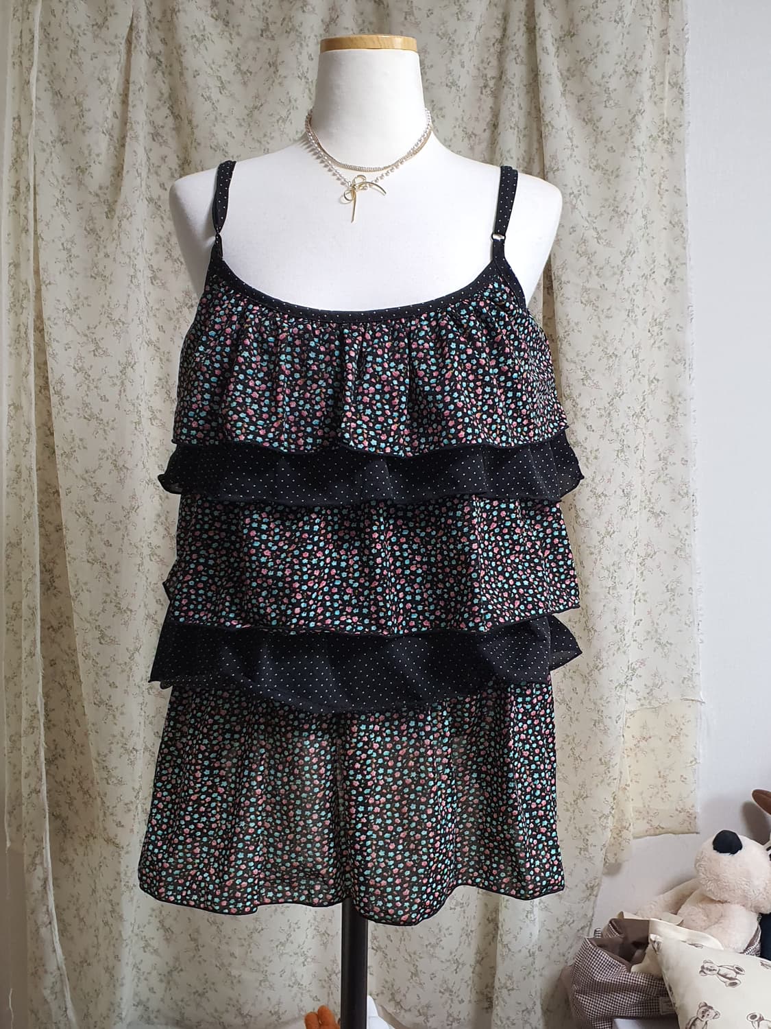 [일본빈티지] 플라워 프린트 레이어드 끈 나시 원피스 상품이미지1