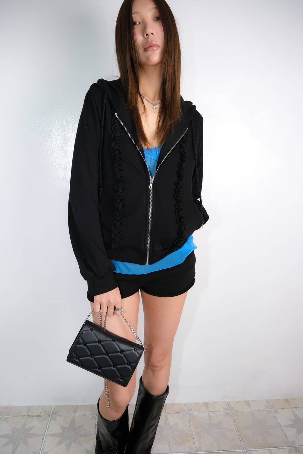 losesleepover 루즈슬립오버 프릴 후드 집업 (black) 상품이미지3