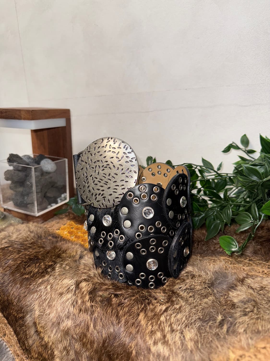 Black calf fur western punching belt 상품이미지3