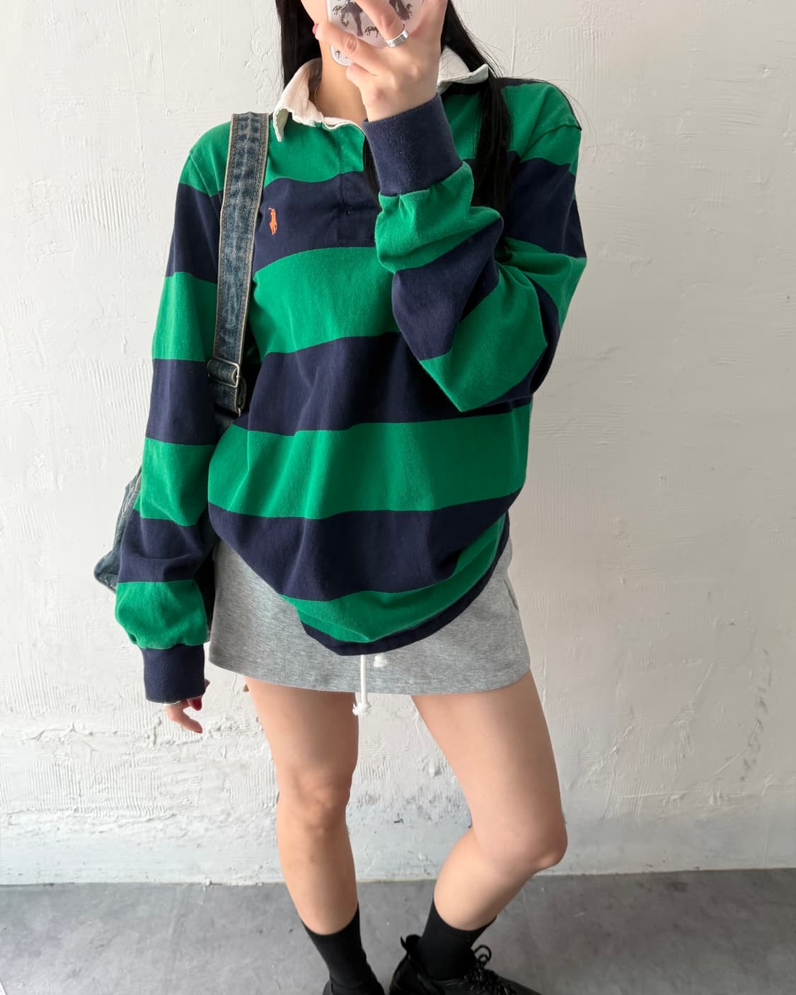 Polo 폴로 랄프로렌 QR라벨 오렌지포니 그린/네이비 단가라 럭비 셔츠 상품이미지1