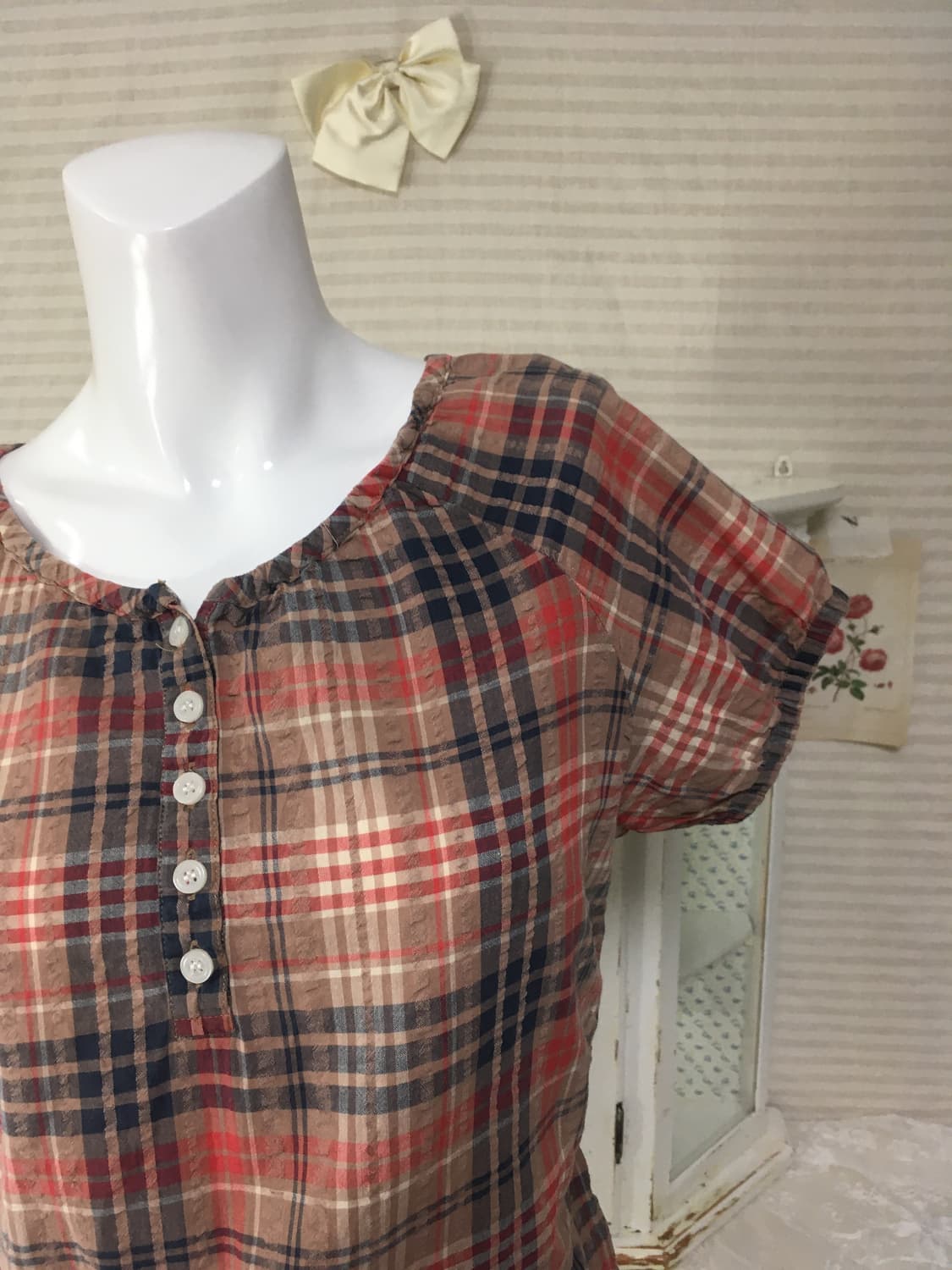 일본빈티지 모리 핑크 브라운 체크 퍼프 블라우스 상품이미지2