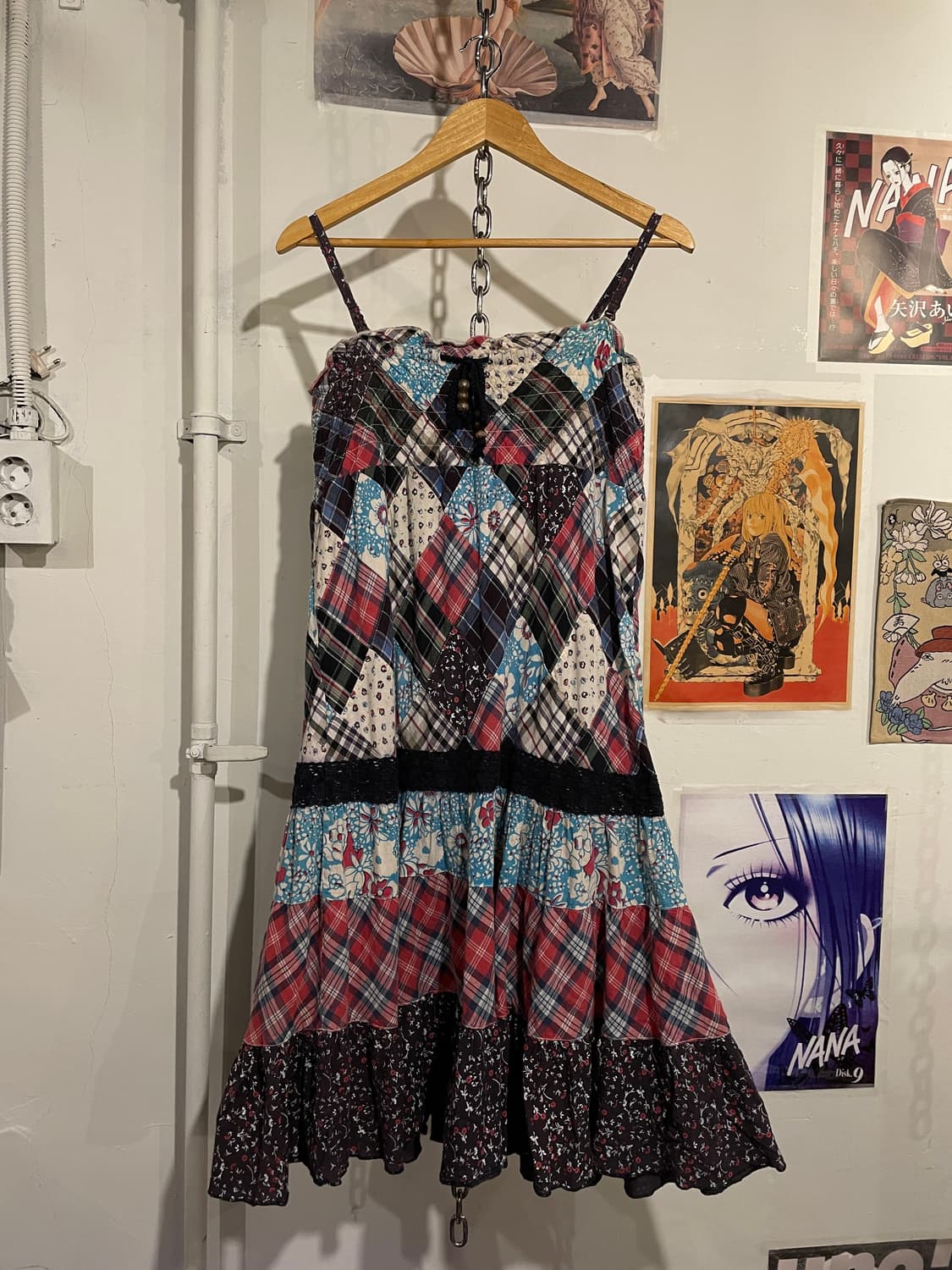 체크 플라워 패치워크 나시 원피스 모리 하구미 상품이미지1