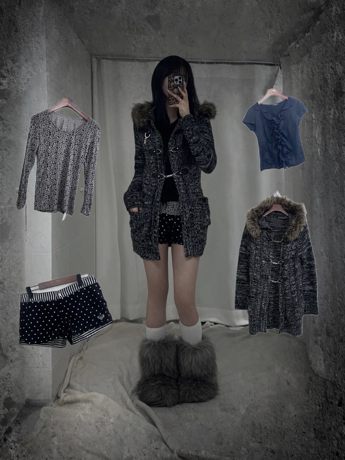 도트 니혼진 무채색 레오파드 갸루 코디세트  상품이미지1