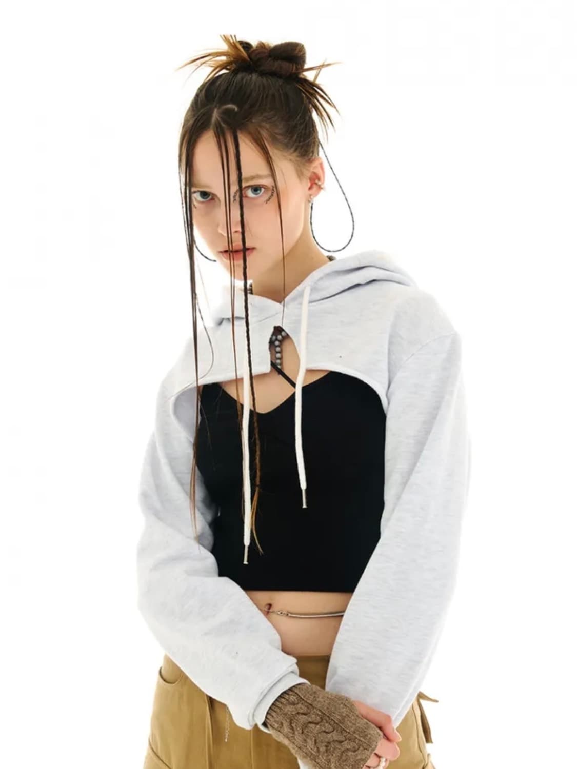 아웃엑소 half slit hoodie grey 볼레로후디 상품이미지1