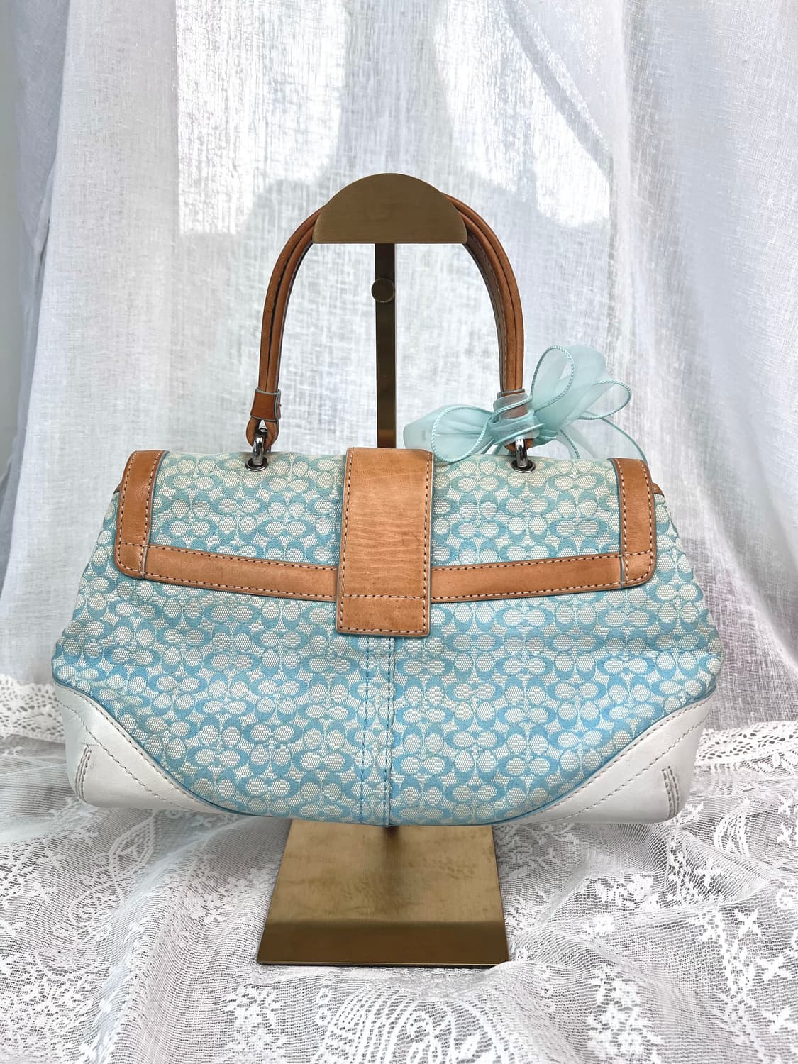 90s coach 민트 시그니처 자카드 캔버스 카라멜 레더 턴락 소호백 상품이미지7