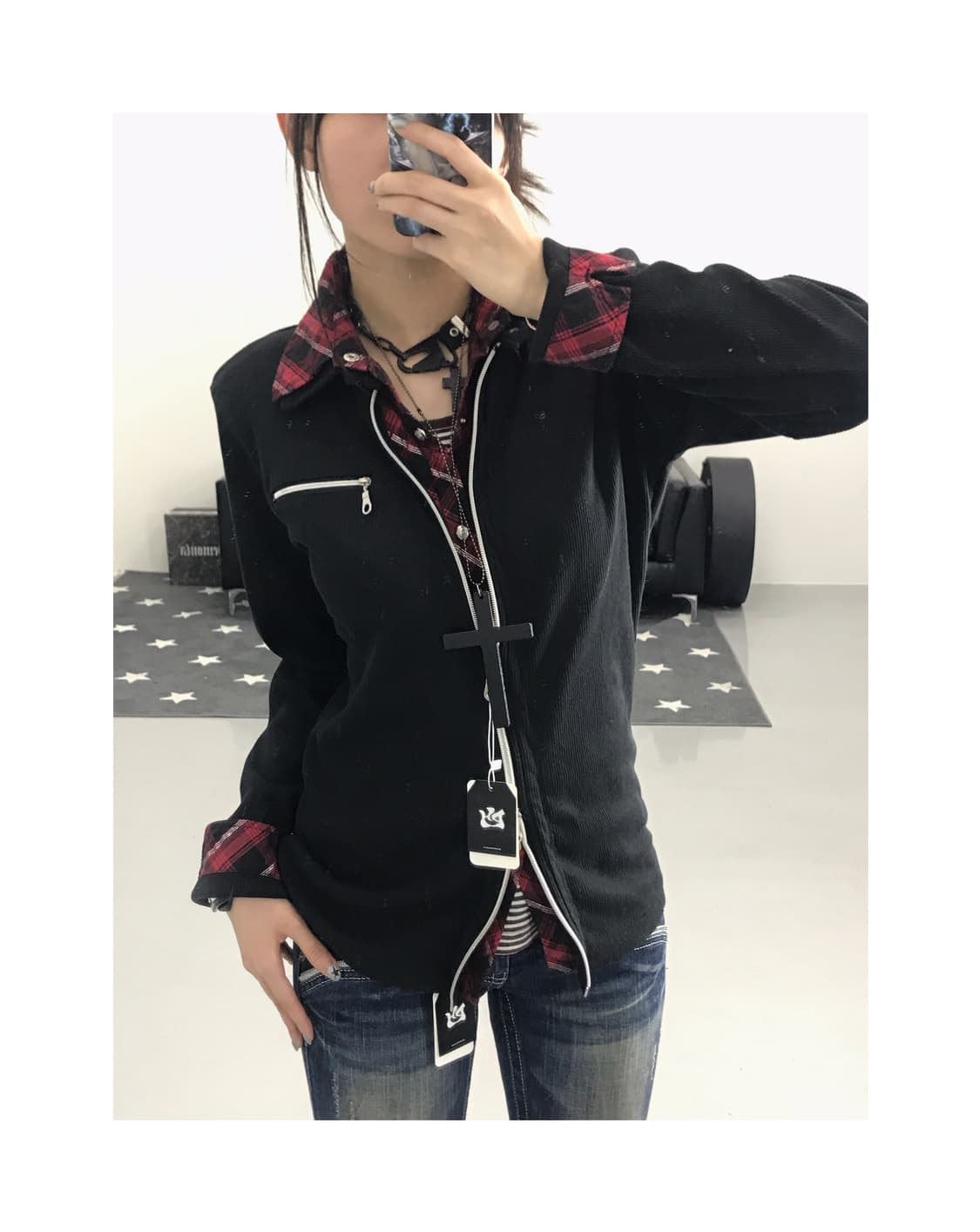 Jpn Punk Layer Checkered Shirt Zip-Up 상품이미지1