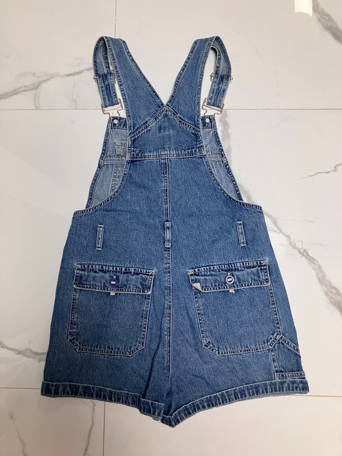 90s 빈티지 미디움워시 데님 오버롤 쇼츠 멜빵바지 청반바지 레이첼그린 상품이미지5