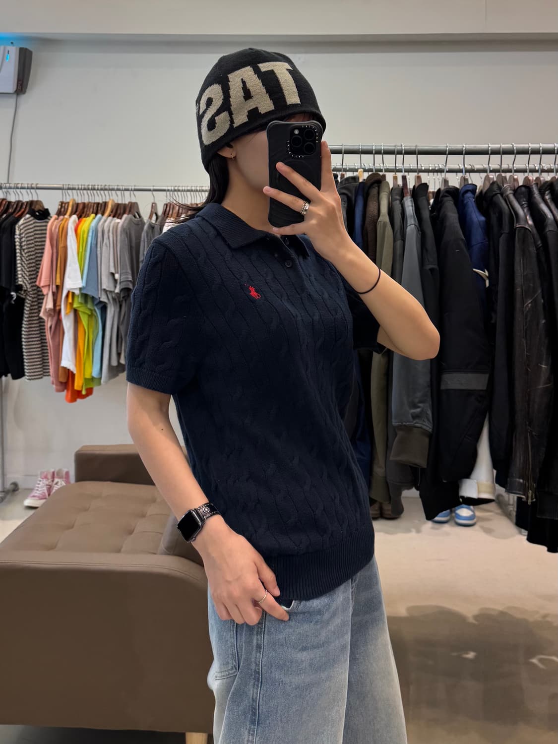 플로 꽈배기 카라넥 반팔 니트 네이비 상품이미지5