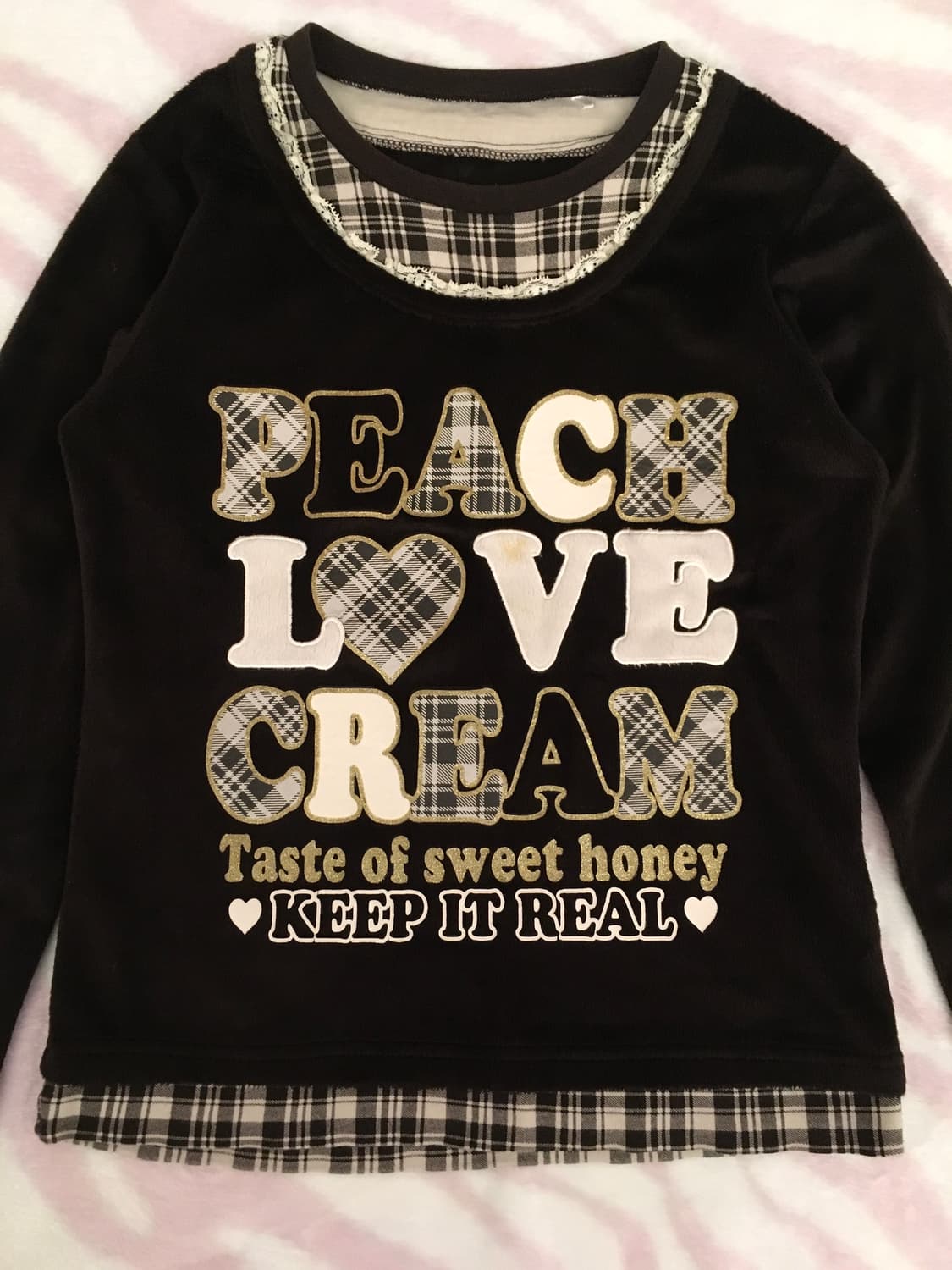 헤이세이 블랙벨벳 그레이체크 레이어드 롱슬리브 탑 티셔츠 갸루 조지후쿠 상품이미지5