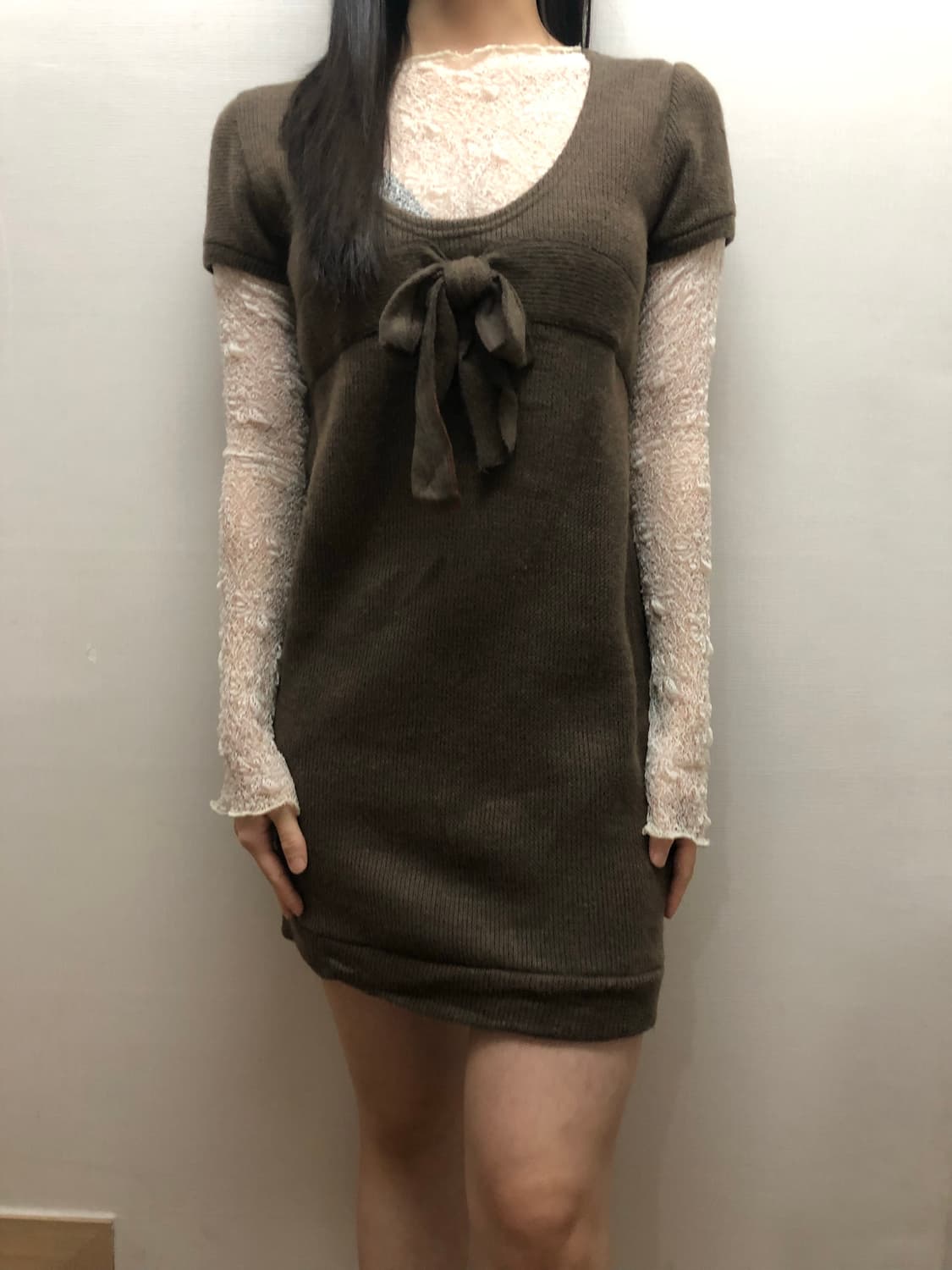 빈티지 브라운 리본 니트 원피스 상품이미지2