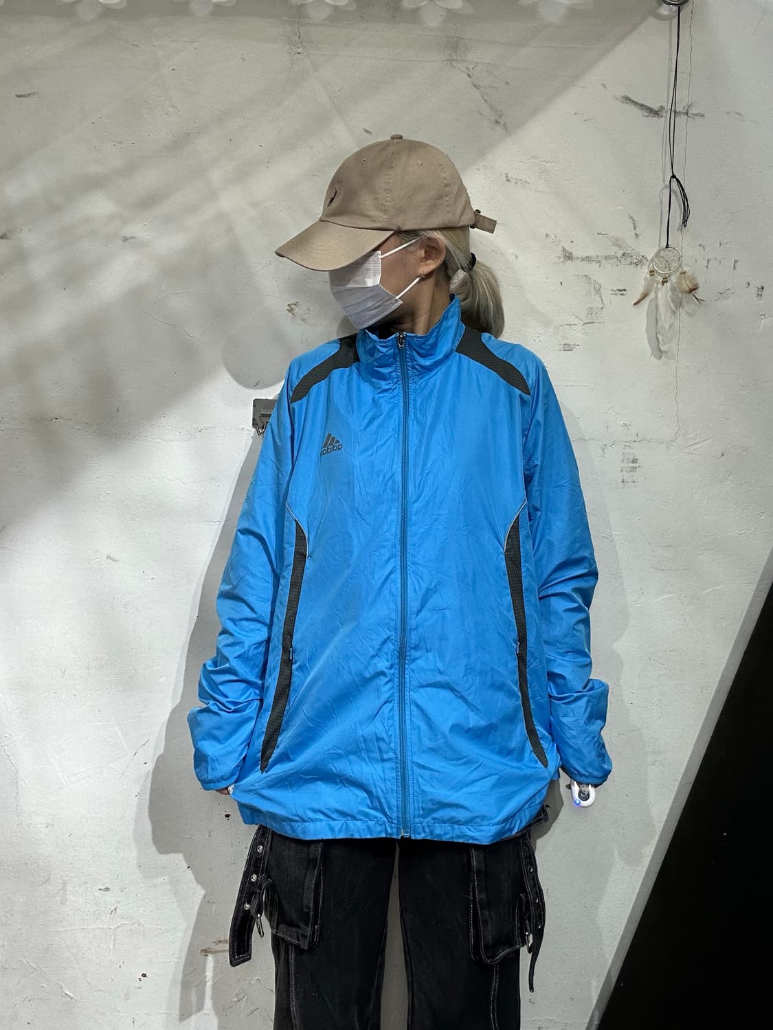 아디다스 블루 오버핏 블랙 로고 올드스쿨 바람막이 자켓 XL 상품이미지2