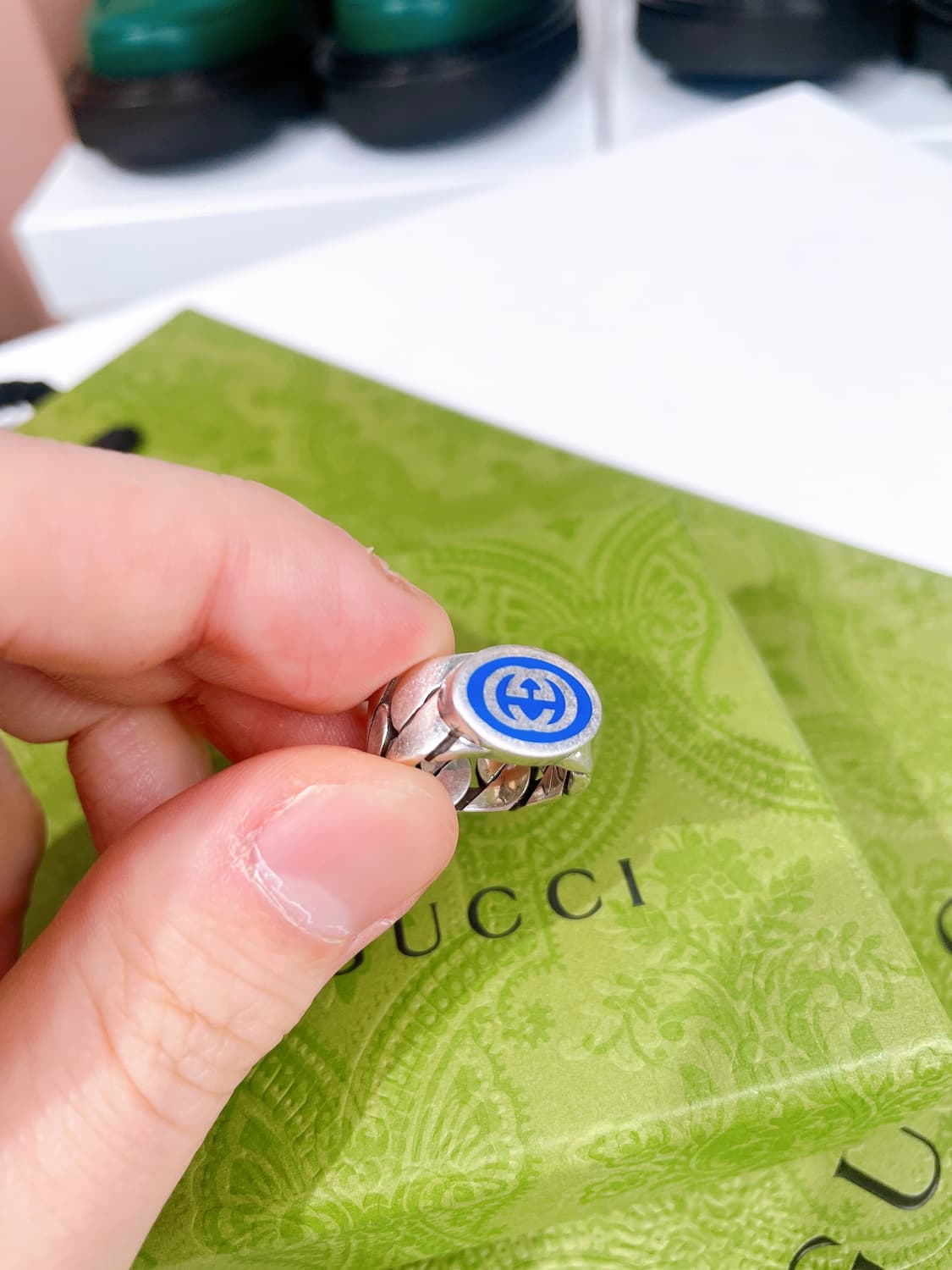 (정품/새상품) 구찌 공용 실버 인터로킹 G 에나멜 블루 링 반지 상품이미지3