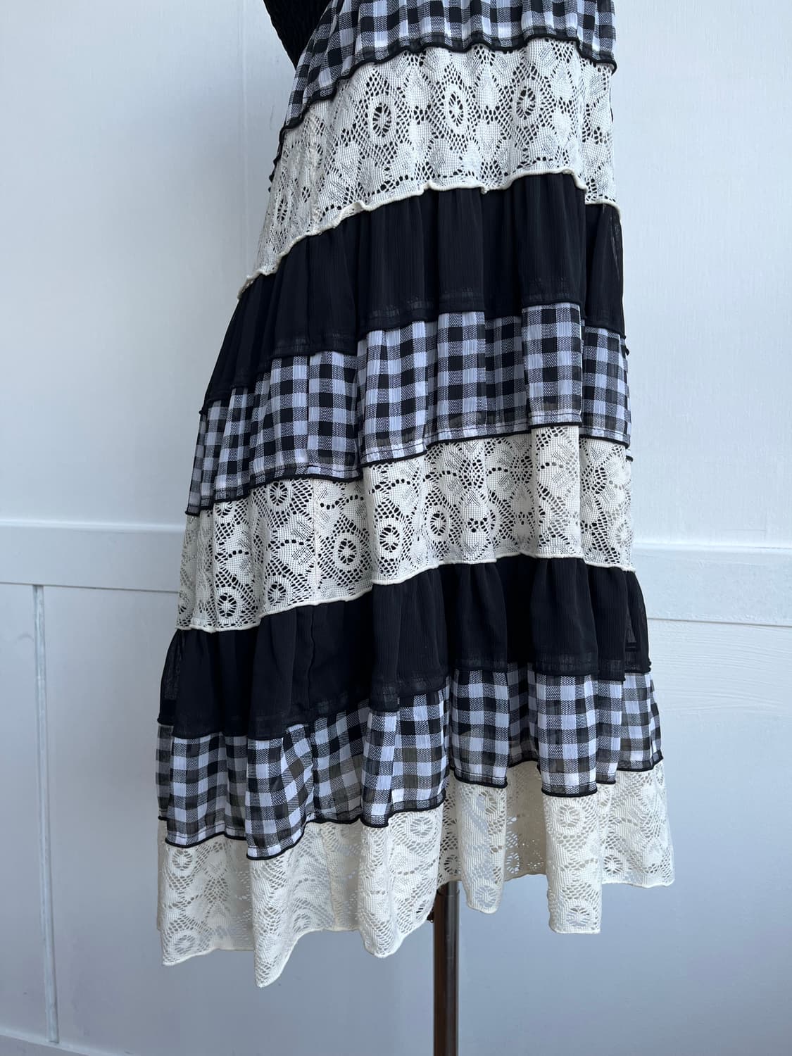 블랙 체크 패치워크 레이스 스커트 상품이미지5