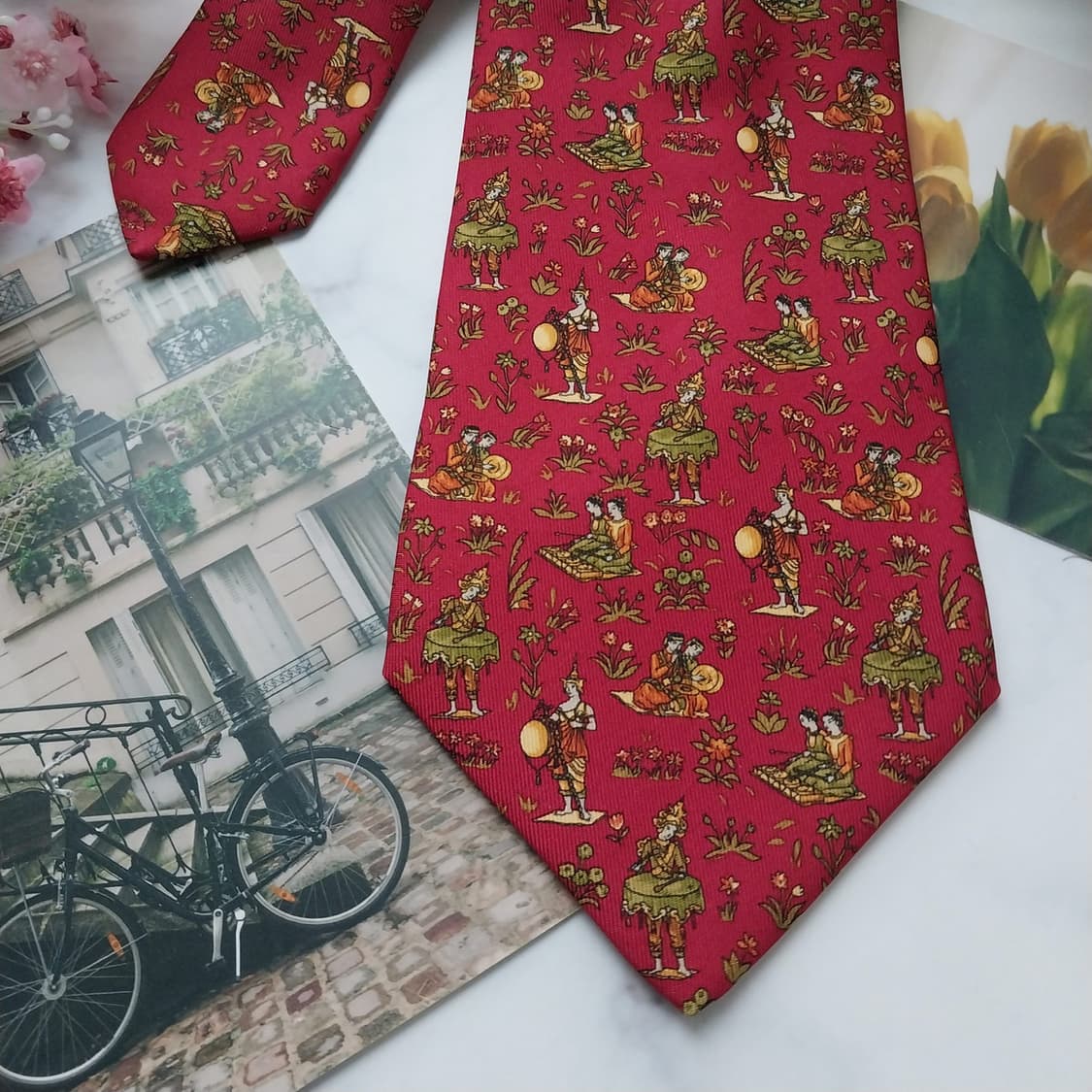 페라가모 실크 레드 오리엔탈 모티브 넥타이 9.6cm A+등급 K1479 상품이미지3