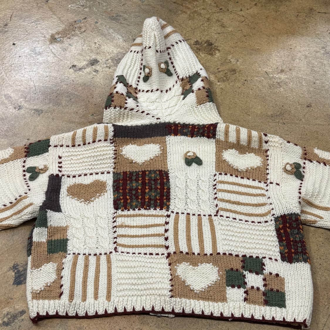 빈티지 모리 패치 패턴 하트 화이트 브라운 베이지 니트 후드집업 상품이미지4