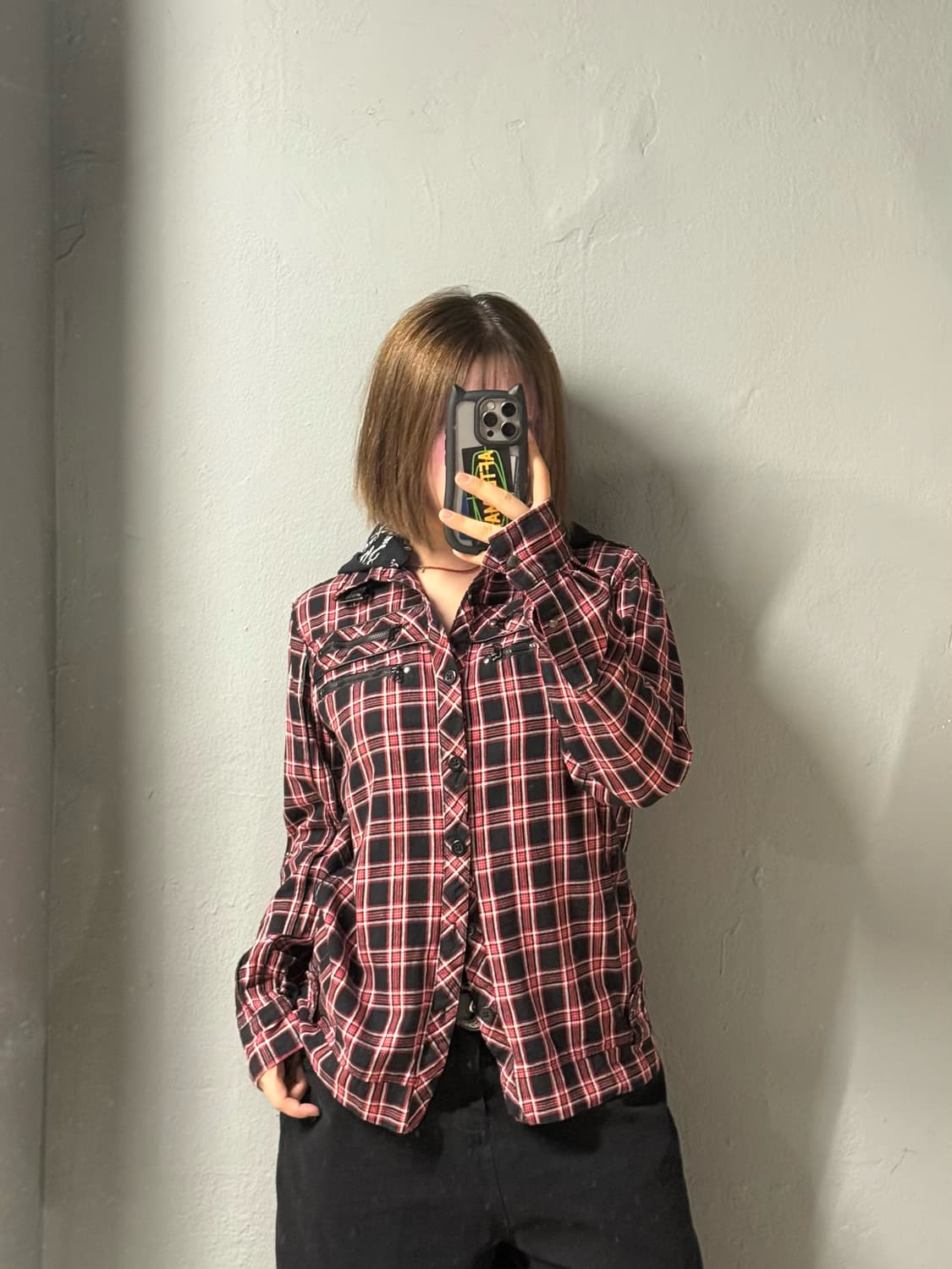 red check zipper detail hood shirt 상품이미지1