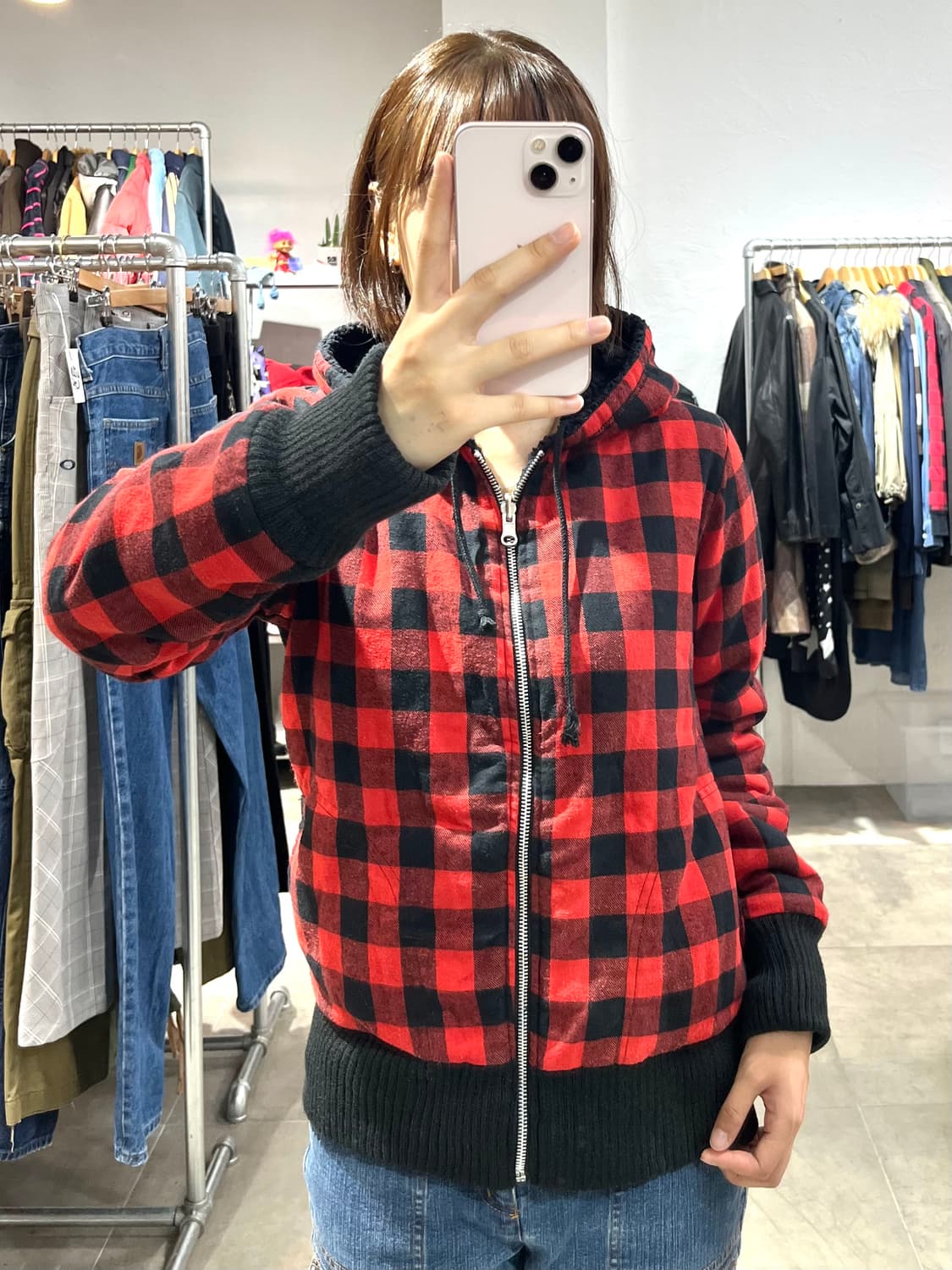 일본 빈티지 락펑크 레드 체크 리버시블 후드집업 상품이미지1