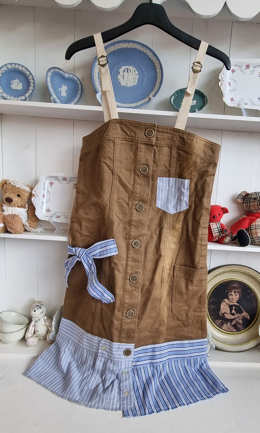 스트라이프 배색 리본 멜빵 원피스 상품이미지1