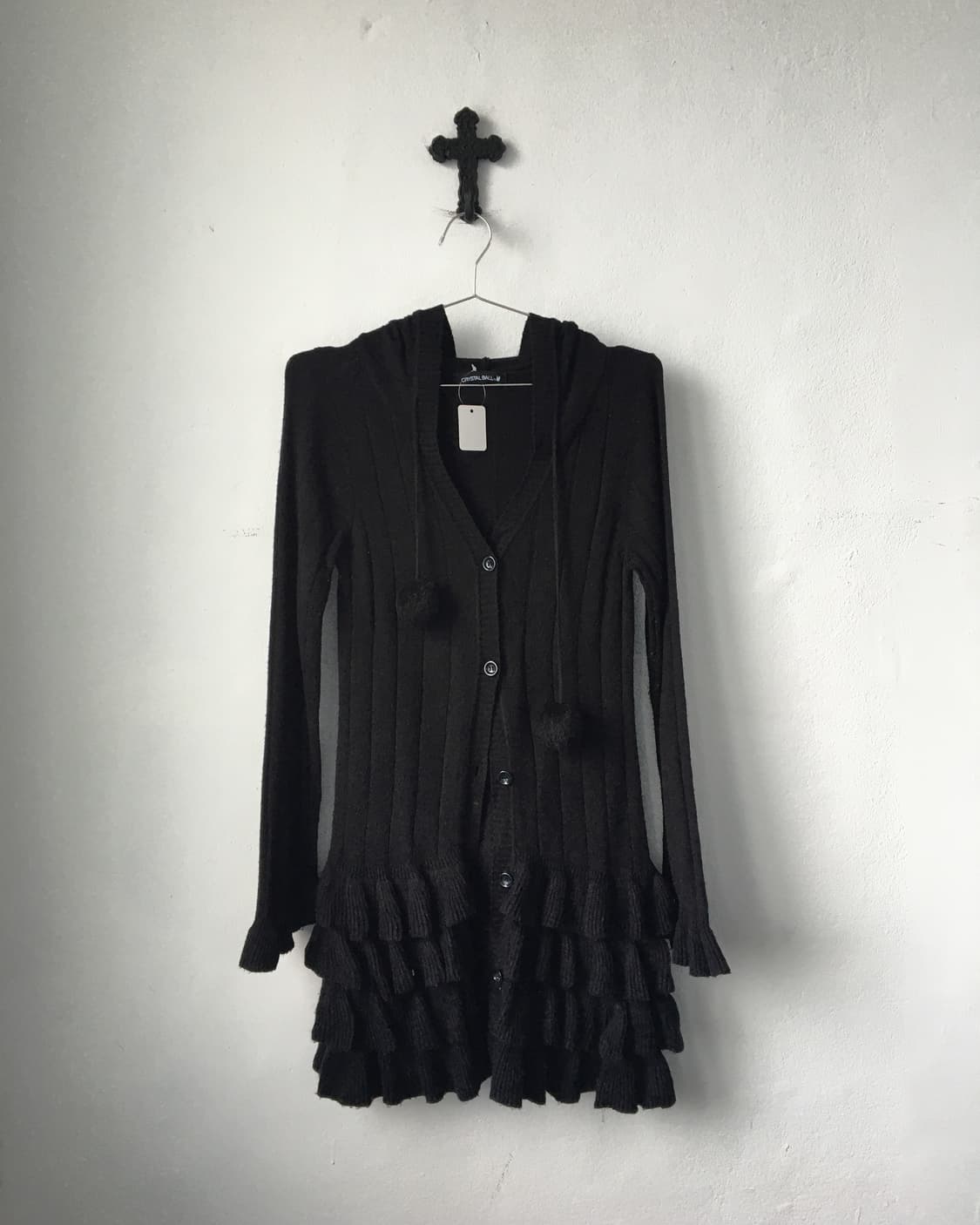 Pom pom frill point knit hood cardigan 상품이미지2