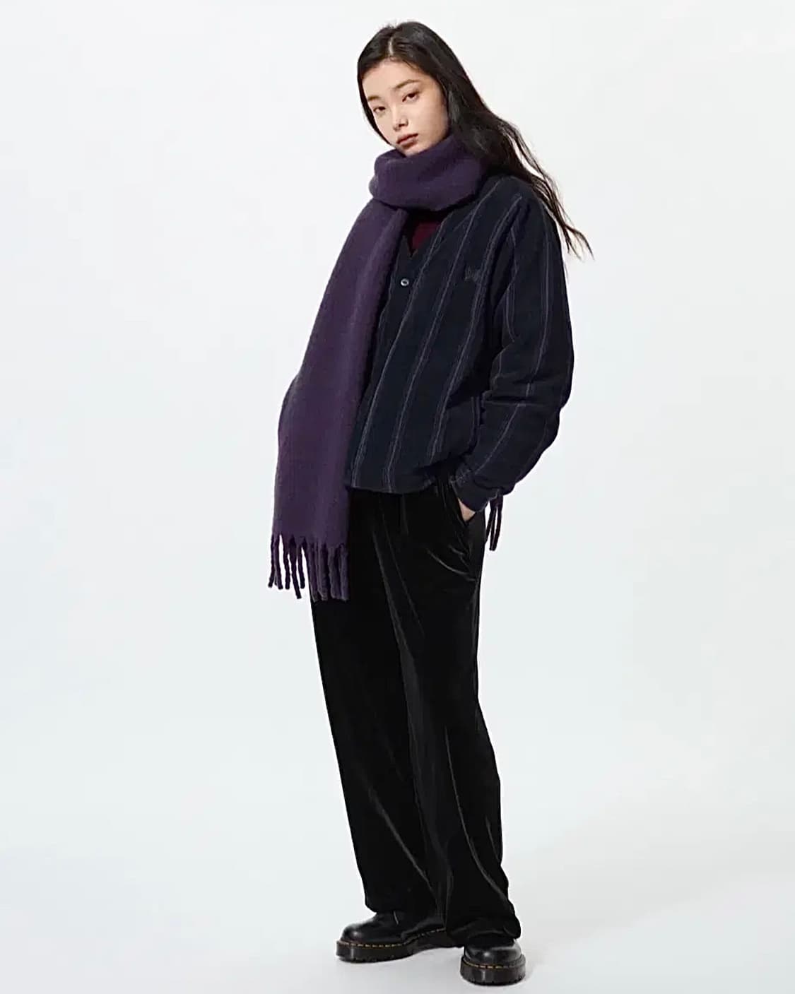 유니클로 니들스 후리스 플리스 가디건 콜라보 스트라이프 블랙 보라 M 상품이미지2