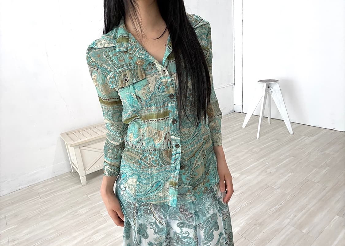 Mint Paisley Pleated Shirt 상품이미지2