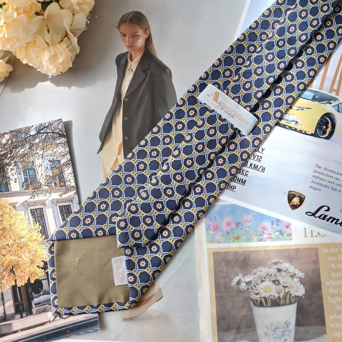 아쿠아스큐텀 체인 플라워 패턴 넥타이 9.9cm A+등급 A19847 상품이미지6