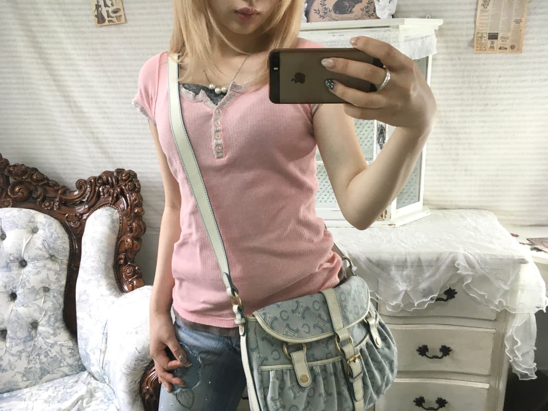 일본빈티지 히메 핑크 슬림 반팔 티셔츠 상품이미지2