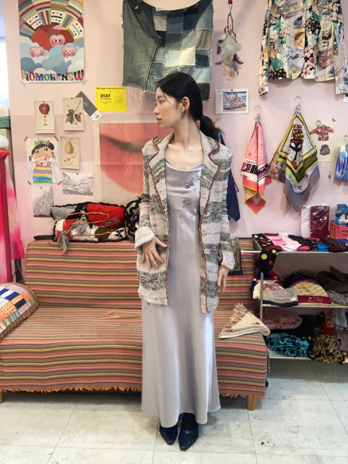 착샷) 실버 끈나시 플라워 새틴 파티 드레스 상품이미지10