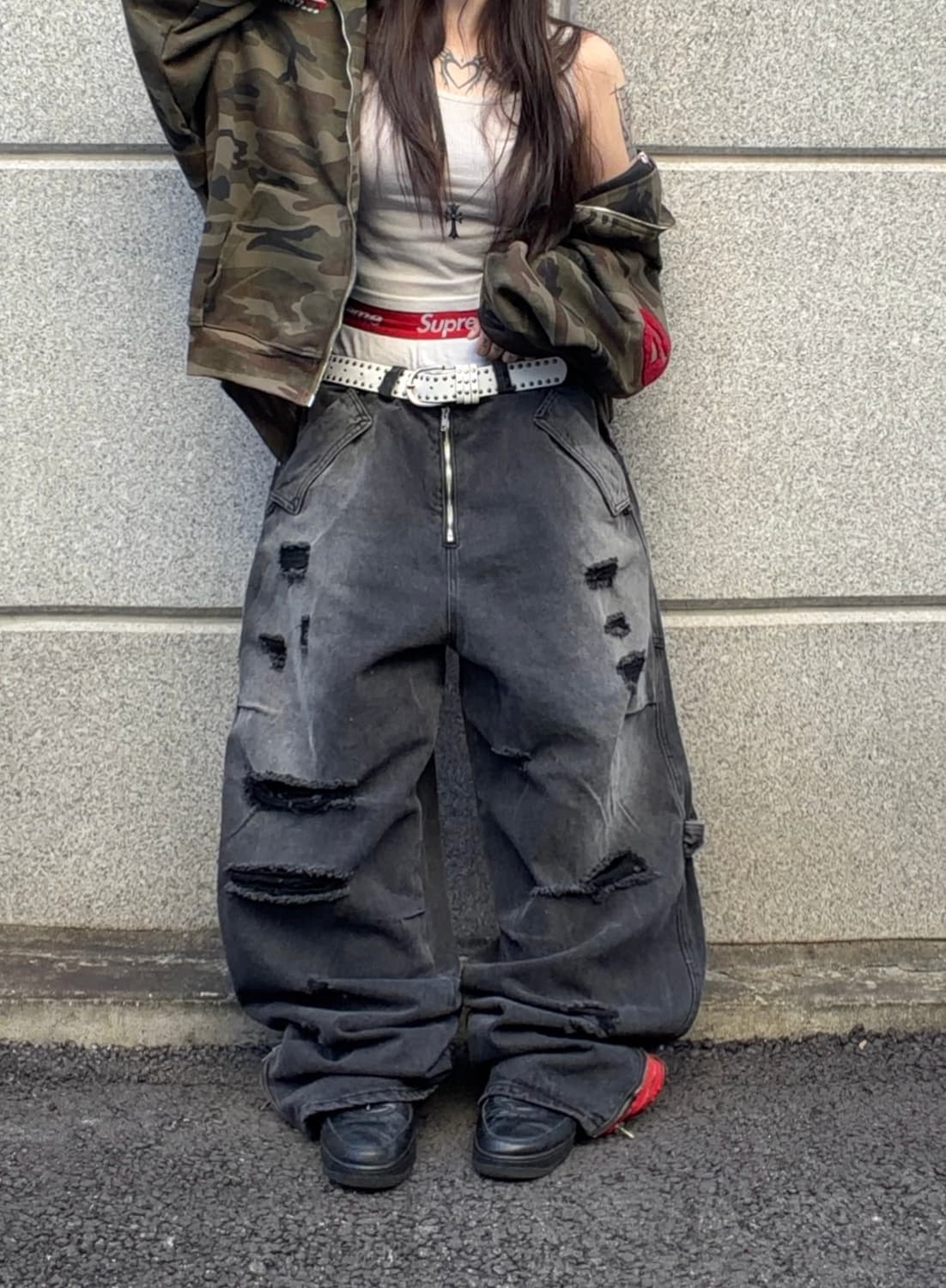 [unisex] 크러시 블랙 디스트로이드 흑청 와이드 pts 상품이미지1