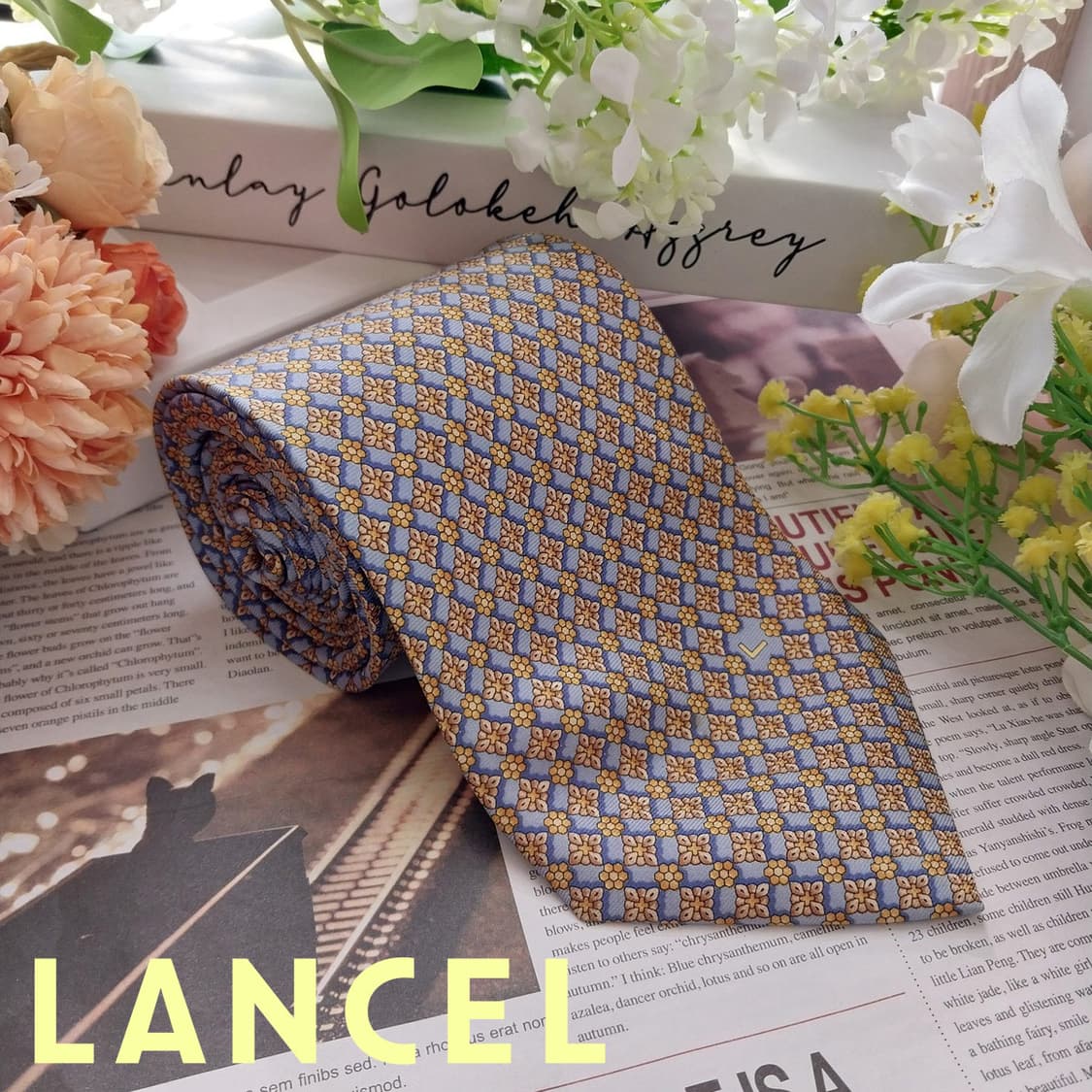 란셀 실크 블루&골드 자카드 넥타이 9.6cm A+~A등급 K1488
 상품이미지1