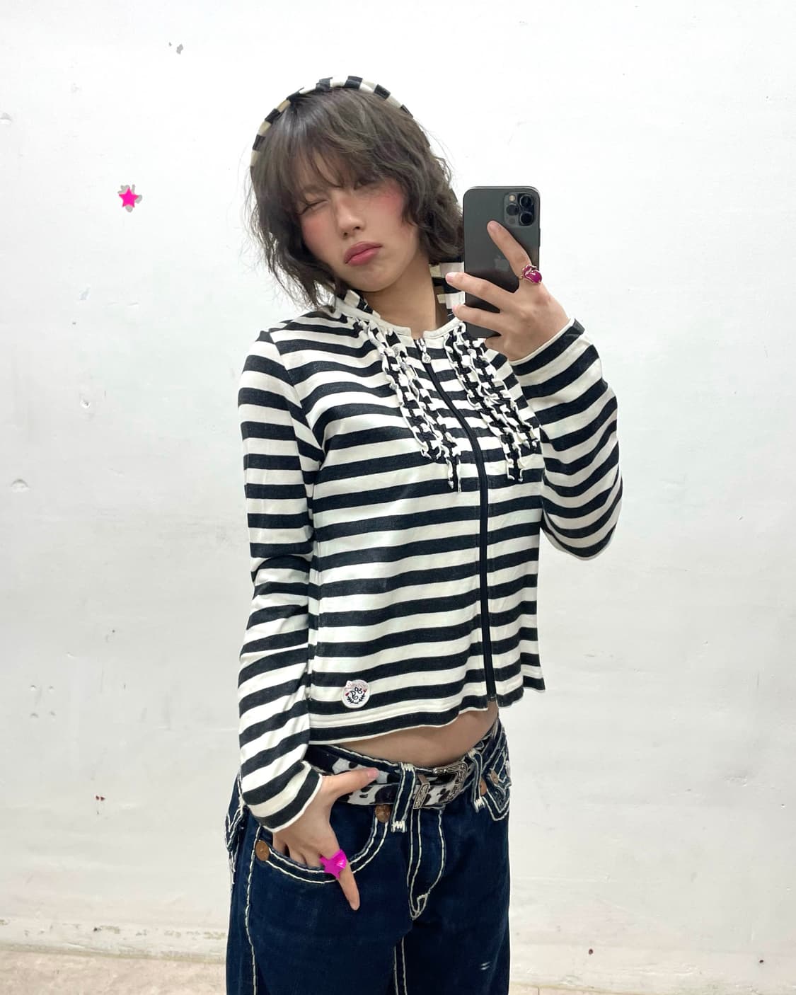 Stripe Shirring Crop Hooded Zip-Up  상품이미지1