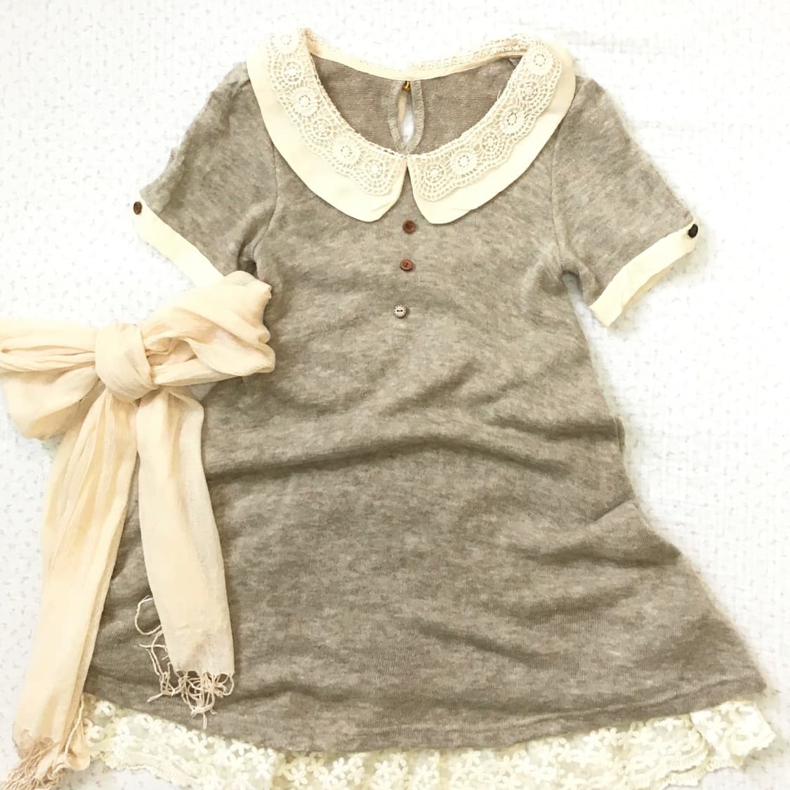 JPN/ 레이스 카라 반팔 원피스  둥근카라반팔니트 둥근카라블라우스  상품이미지1