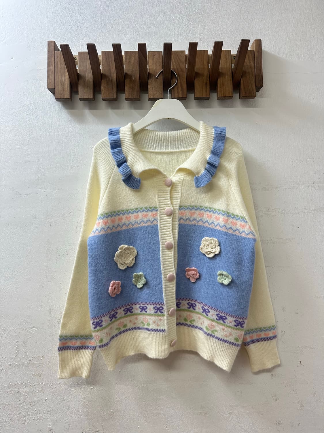 일본빈티지 플라워 크로셰 디테일 프릴 카라 니트 가디건 상품이미지1