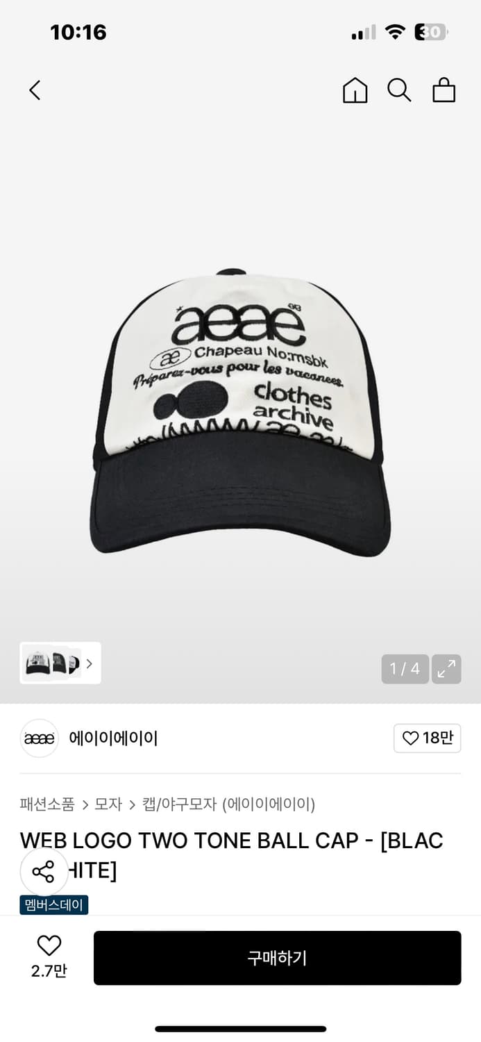 aeae 웹 로고 투톤 볼캡 블랙/화이트 상품이미지1