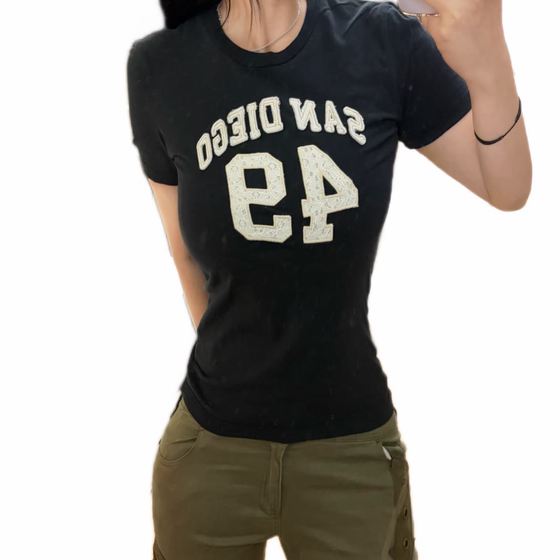 후아유 슬림핏 레이스 49 반팔 티셔츠 블랙 상품이미지1