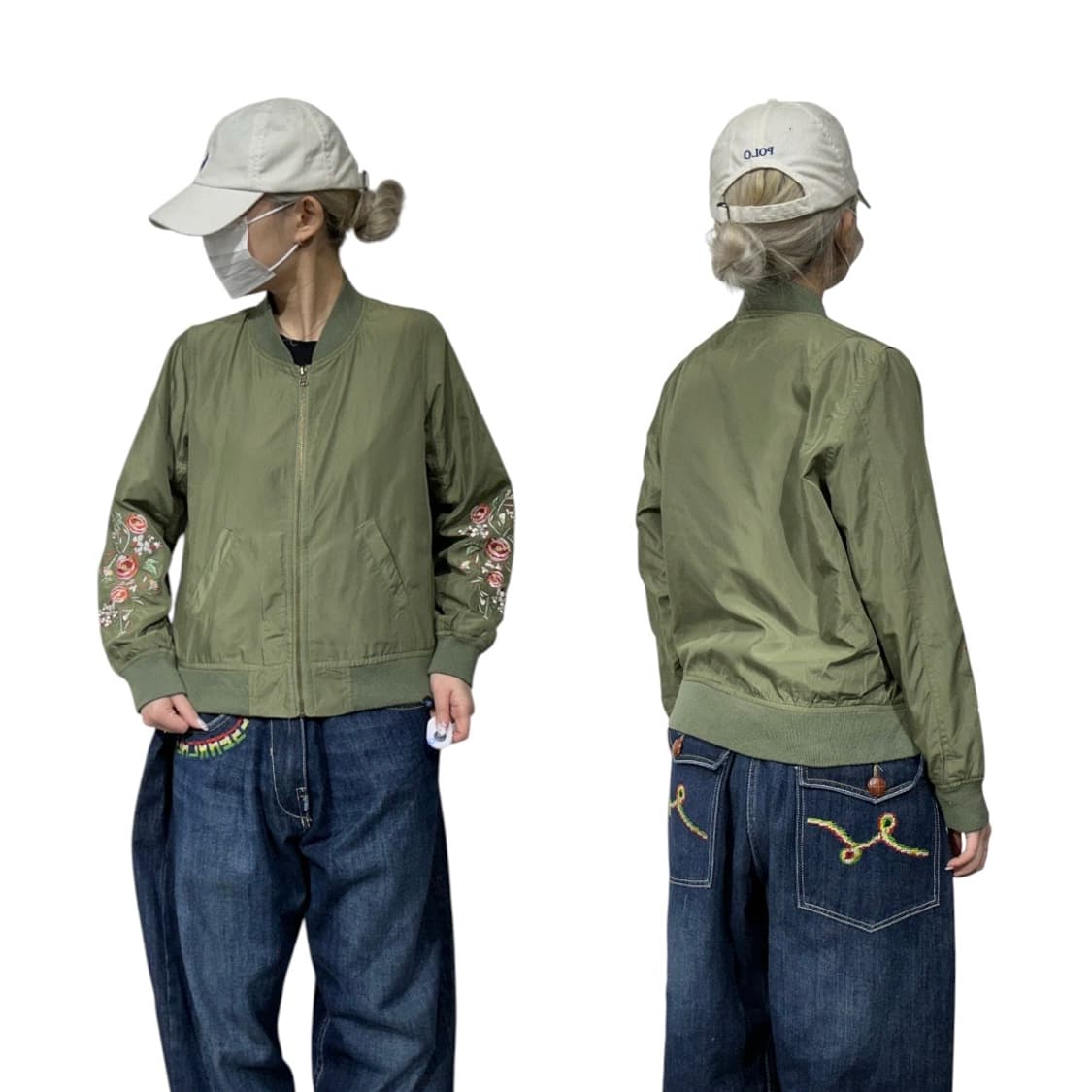 일본 빈티지 카키 꽃 자수 스카잔 마원 항공 잠바  상품이미지1
