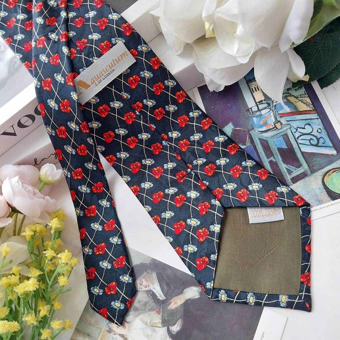 아쿠아스큐텀 실크 네이비 플라워 패턴 넥타이 10cm A+등급 K1201 상품이미지4