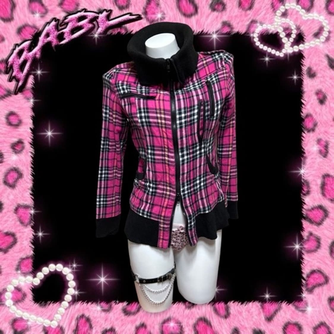 Tralala 핑크 체크 하이넥 투웨이 지퍼 집업 점퍼 캐캐체 상품이미지3