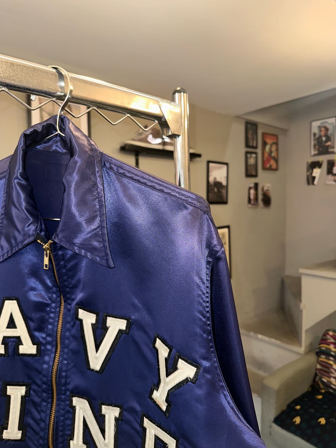 90’s Navy Nine patch satin coach jacket 상품이미지7