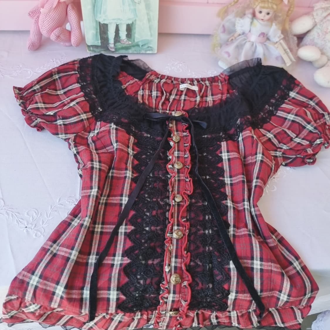 엑시즈팜(axes femme) 레드 체크 레이스 블라우스 상품이미지2