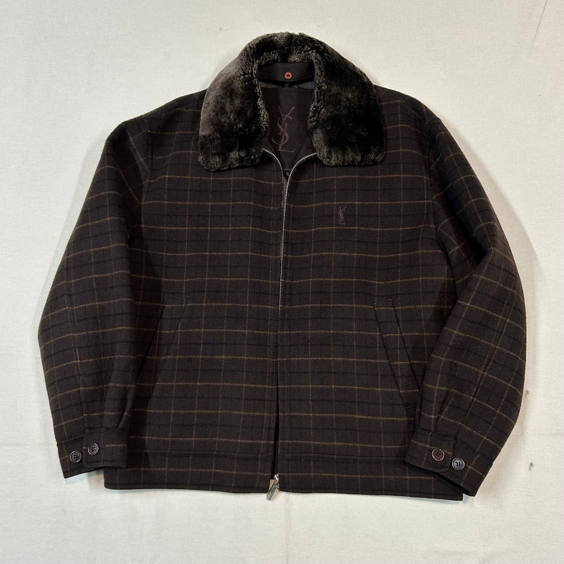 L) YSL 입생로랑 브라운 양털 퍼 울 코트 자켓 상품이미지1