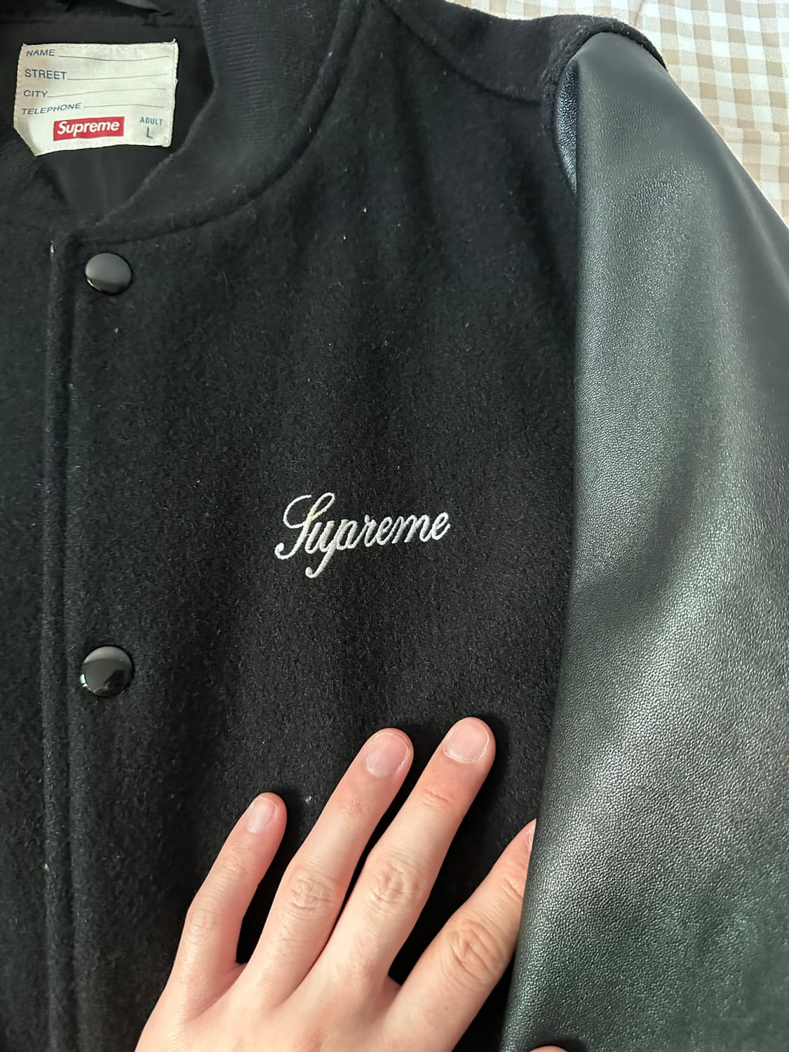 L사이즈 슈프림 리얼 레더 슬리브 TEAM 바시티 자켓 블랫 상품이미지5