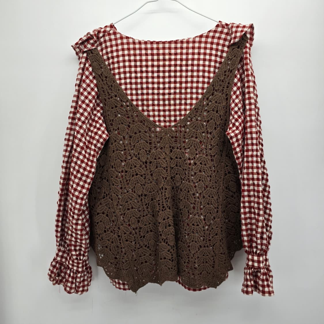 체크 블라우스 + 뜨개 조끼 코디 세트 상품이미지5